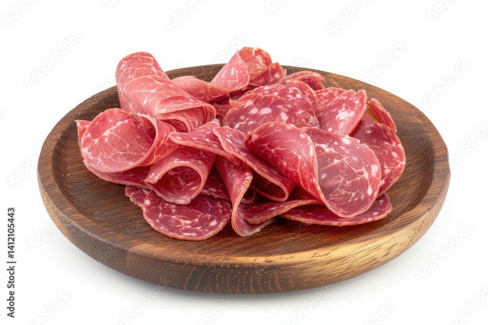Delicately arranged slices of cured meat on a wooden platter with a clean background isolated on transparent background Delicately arranged slices of cured meat on a wooden platter with a clean background isolated on transparent background