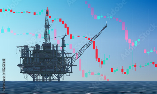 Falling price. Offshore oil drilling rig, platform on oil price chart, financial data. Low price per barrel. Fall of stock index. Silhouette on seascape background. Carbon energy. Vector illustration