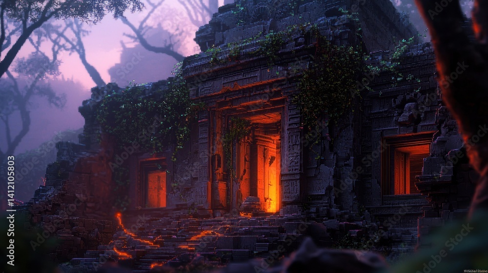 Fototapeta premium Ancient temple ruins, glowing entrance, mystical forest at twilight