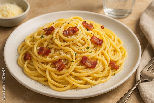 Delicious Spaghetti Carbonara Served on a White Plate With Garnishes at a Coz...