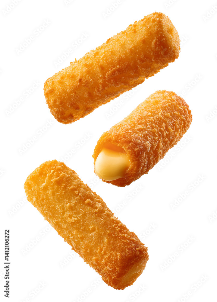 Crispy fried mozzarella sticks falling with transparent background Crispy fried mozzarella sticks falling with transparent background