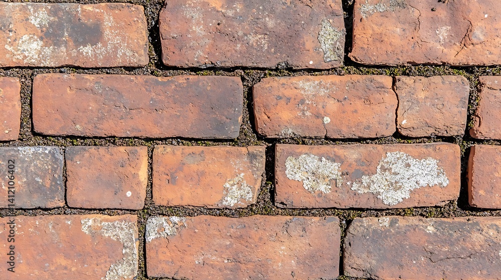 Weathered Brickwork Texture with Moss Accents in a Rustic Garden Path Weathered Brickwork Texture with Moss Accents in a Rustic Garden Path