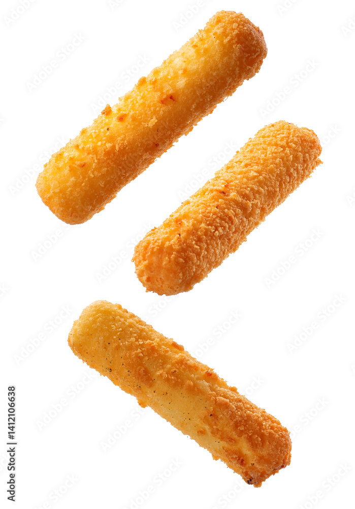 Crispy fried mozzarella sticks falling with transparent background Crispy fried mozzarella sticks falling with transparent background