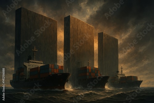 Ships Navigating Through Barriers Symbolizing Economic Protectionism at Sunset