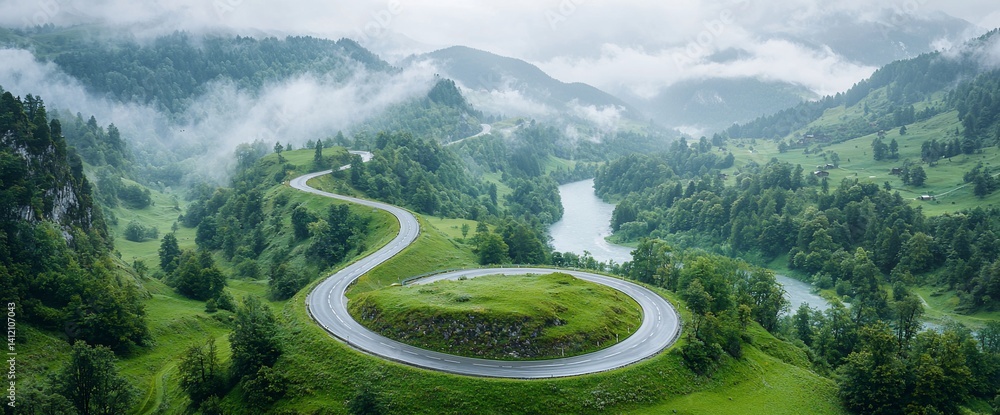 Winding road through lush valley