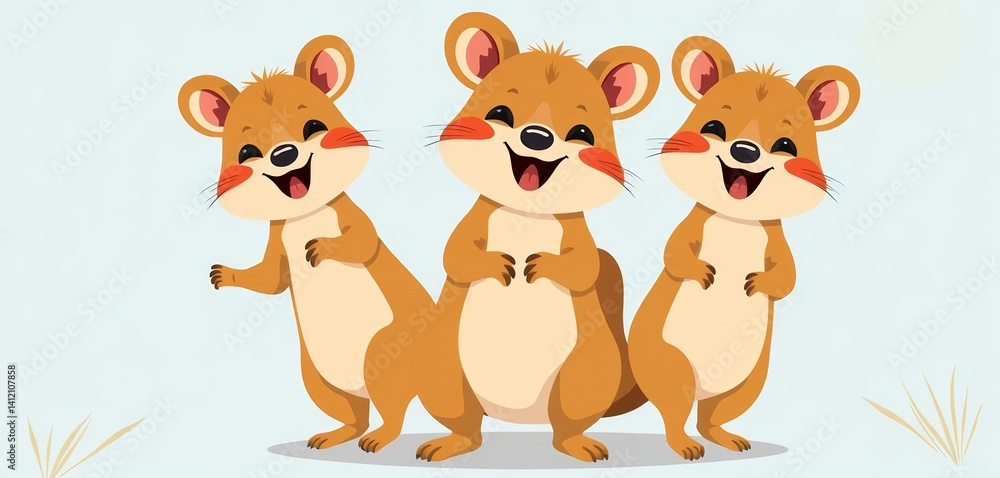 Fototapeta premium Happy quokkas in various poses, simple flat vector illustrations, australia, digital
