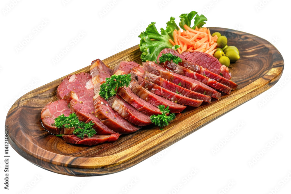 Deliciously arranged sliced cured meat on a rustic wooden platter with fresh vegetables isolated on transparent background Deliciously arranged sliced cured meat on a rustic wooden platter with fresh vegetables isolated on transparent background