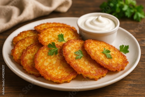 Delicious Crispy Potato Pancakes Served With Sour Cream and Fresh Herbs for a...