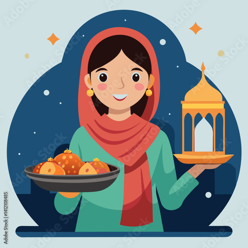 A smiling woman in a vibrant headscarf joyfully presents sweet treats and a lantern, celebrating a warm evening festival with a dark blue, starry backdrop.