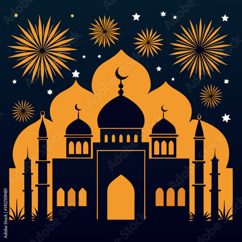 Majestic mosque silhouetted against a vibrant night sky ablaze with celebratory fireworks, a symbol of joyous festivities and spiritual unity in warm, bold colors.
