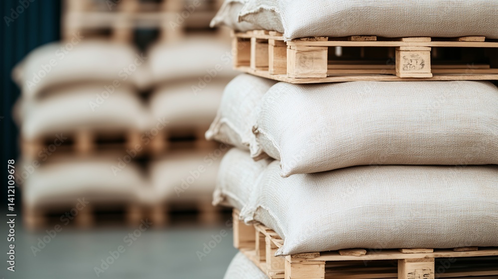 Stacked Fabric Sacks on Wooden Pallets in Warehouse Bulk Goods Storage Stacked Fabric Sacks on Wooden Pallets in Warehouse Bulk Goods Storage