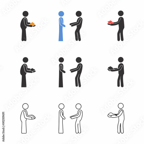 Simple stick figures depict acts of giving and receiving, showcasing generosity and sharing with a minimalist, clean design.
