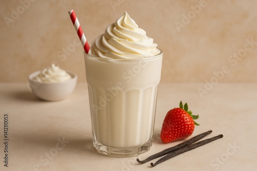 Creamy Milkshake Topped With Whipped Cream and Strawberry at a Cozy Eatery