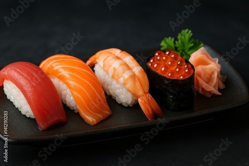 Exquisite Sushi Platter Featuring Fresh Fish and Vibrant Garnishes Served on ...