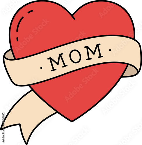 Red heart with cream banner reading mom in simple hand-drawn style minimal vector illustration