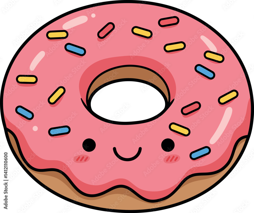 Fototapeta premium Cute smiling donut with pink icing and colorful sprinkles flat design vector illustration
