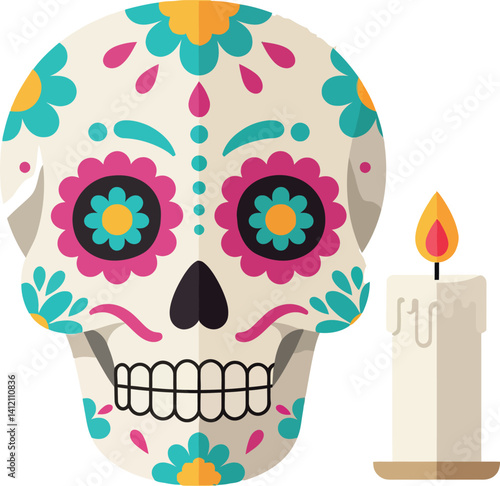 Decorative Day of the Dead sugar skull with floral patterns and lit candle minimal flat vector illustration