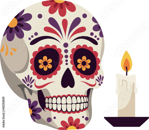 Decorative sugar skull with colorful floral patterns and lit candle flat design vector illustration