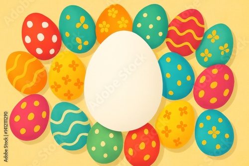 Colorful Decorated Eggs Surrounding a Blank Egg on a Bright Background for the Spring Celebration