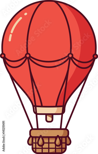 Red hot air balloon floating isolated with wicker basket minimal flat design vector illustration