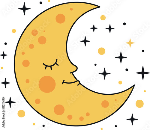 Smiling crescent moon with closed eyes surrounded by twinkling stars minimal flat vector illustration