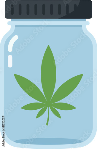 Transparent jar with green cannabis leaf and black lid in flat minimal vector illustration