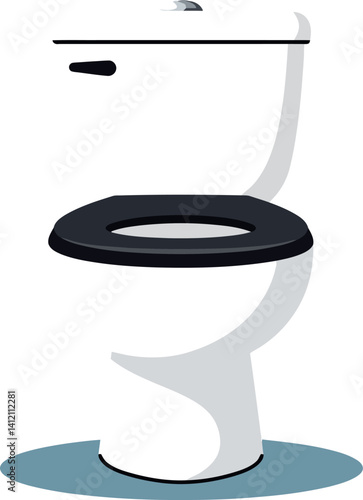 White porcelain toilet with black seat cover in minimal flat design standing on blue mat vector illustration