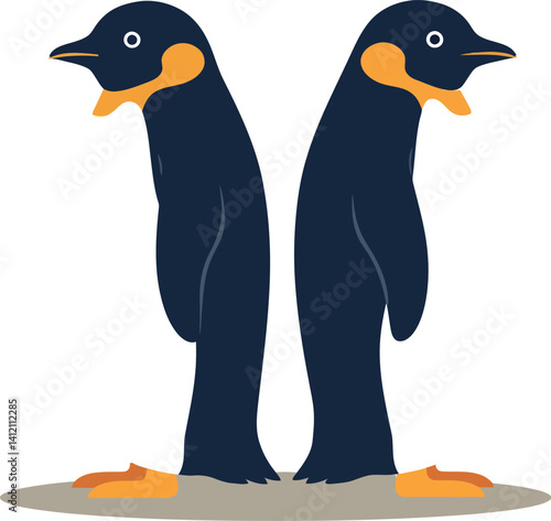 Two black and orange penguins standing back to back in flat minimal style vector illustration