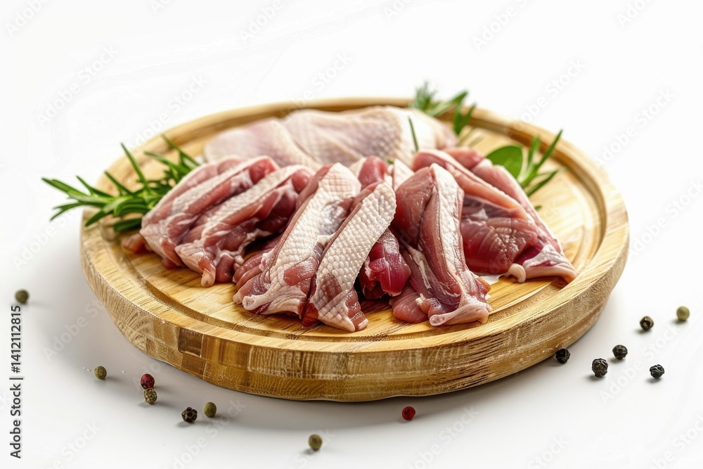 Freshly prepared cuts of chicken arranged artistically on a wooden platter with herbs isolated on transparent background