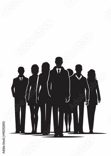 "Stylized black silhouettes of a professional group of people, men and women in different heights and stances, dressed in modern business and casual clothing, full body, minimalist and clean, vector-s