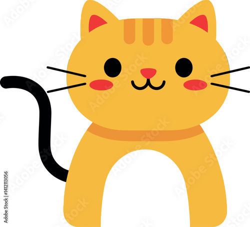 Cute orange tabby cat with black tail in flat cartoon style smiling friendly vector illustration