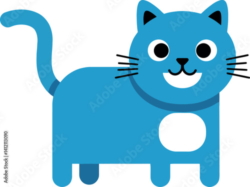 Blue cartoon cat with white belly smiling and standing in flat minimal style vector art