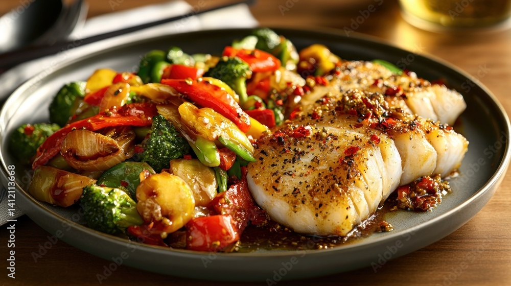 Pan-seared Cod with Stir-fried Vegetables on Dark Plate, Restaurant Setting Pan-seared Cod with Stir-fried Vegetables on Dark Plate, Restaurant Setting
