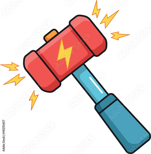 Red electric hammer with blue handle and lightning sparks in cartoon minimal flat design vector illustration