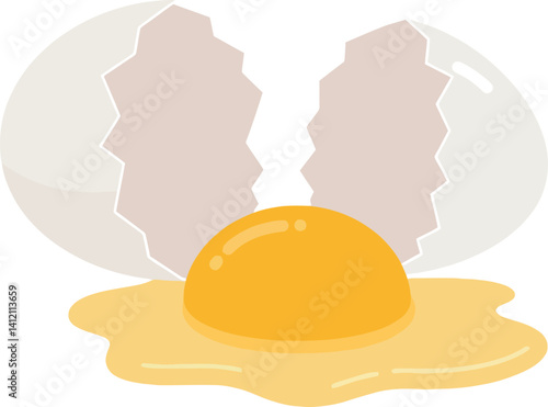 Cracked egg with bright yellow yolk and white shell in clean minimal flat style vector illustration