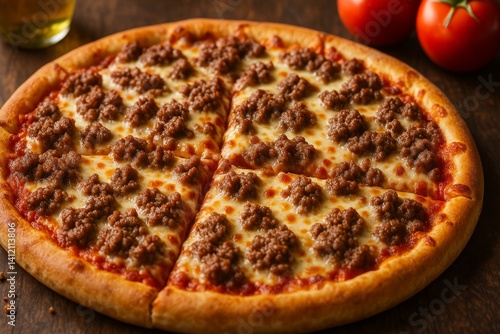 Delicious Meat Topped Pizza Placed on a Wooden Table With Fresh Tomatoes Nearby