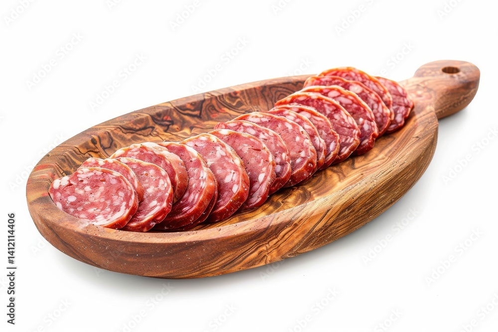 Slices of flavorful salami arranged artfully on a rustic wooden platter for an inviting presentation isolated on transparent background Slices of flavorful salami arranged artfully on a rustic wooden platter for an inviting presentation isolated on transparent background