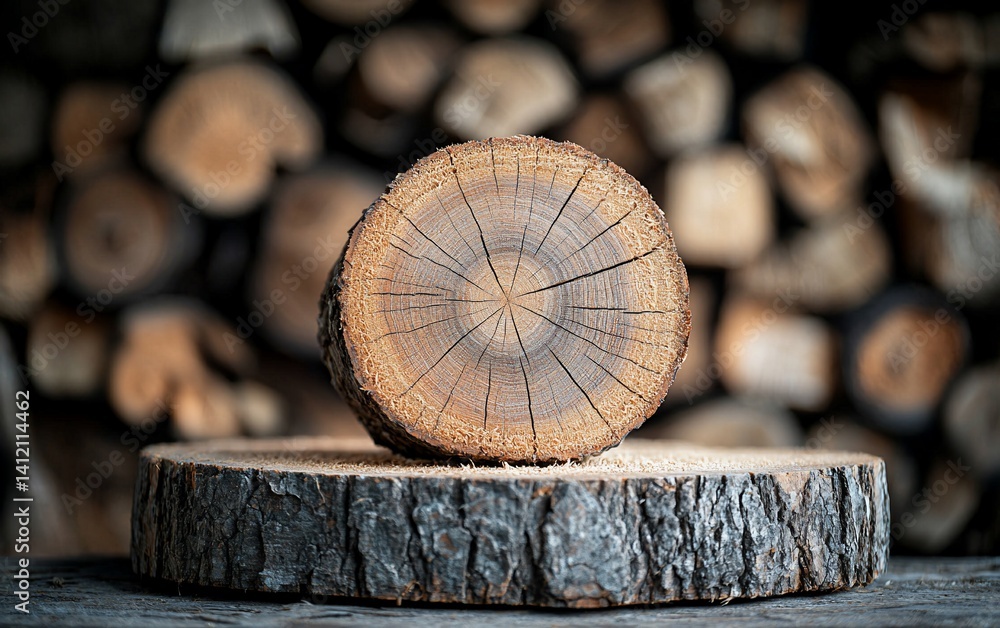 Wood slice display on a wooden stump