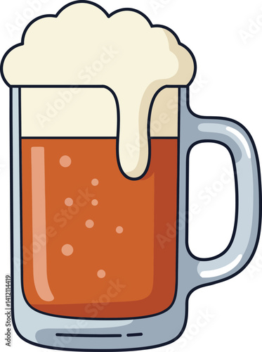 Glass beer mug with frothy foam and amber liquid in simple flat design vector illustration