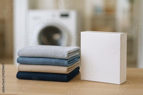 Freshly Laundered Clothes Stacked Neatly in a Laundry Room With Washing Machi...