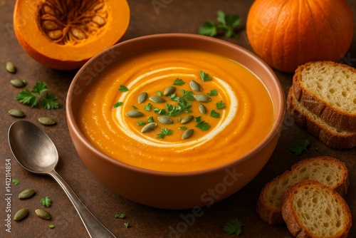 Creamy Pumpkin Soup Garnished With Seeds and Herbs in Rustic Setting With Aut...