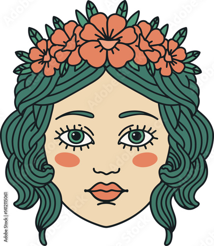 Woman face with green hair and coral flower crown detailed hand drawn vector illustration