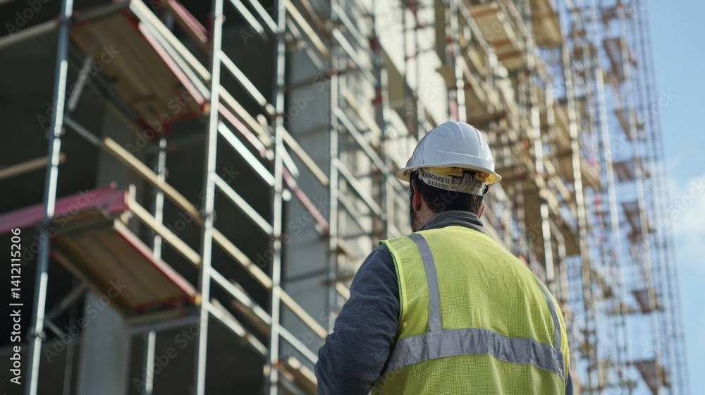Construction worker adjusting scaffolding at a job site. Featuring safety and site preparation Construction worker adjusting scaffolding at a job site. Featuring safety and site preparation