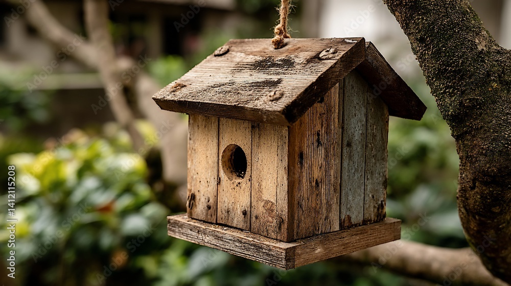 Wooden birdhouse hanging from tree