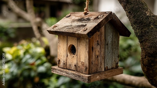 Obraz na płótnie Wooden birdhouse hanging from tree w salonie