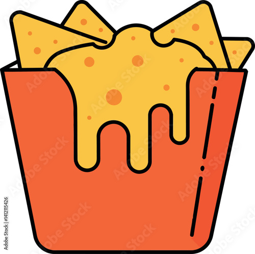 Nachos with cheese sauce in red container simple flat style vector illustration