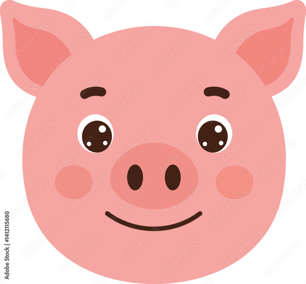 Cute smiling pig face with round eyes and rosy cheeks in flat minimal style vector illustration Cute smiling pig face with round eyes and rosy cheeks in flat minimal style vector illustration