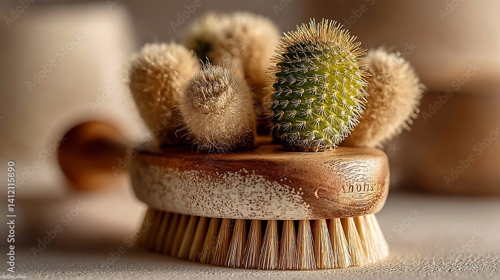 Wooden body brush with cactus details. A round brush with a light-colored wooden base and soft bristles. Small cacti are nestled among the bristles