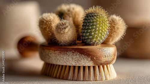 Obraz na płótnie Wooden body brush with cactus details. A round brush with a light-colored wooden base and soft bristles. Small cacti are nestled among the bristles w salonie