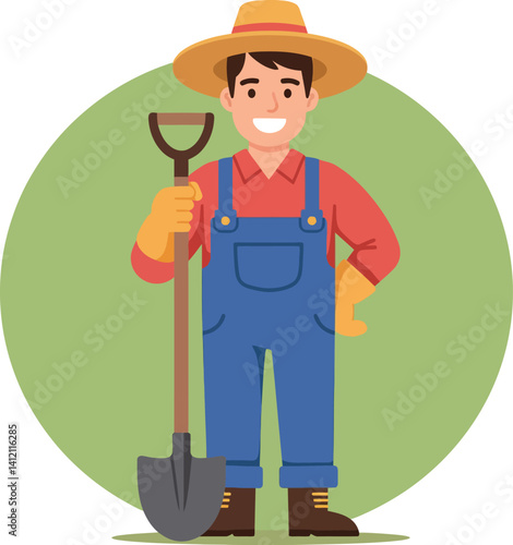 Smiling male farmer in blue overalls and straw hat holding shovel with green circle background flat vector illustration